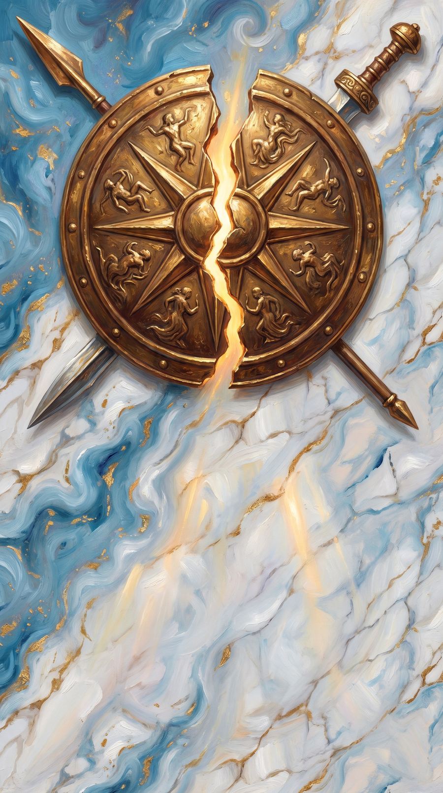 The Epochfall: Dynasties sign-in art: a cracked bronze shield on Aegean marble
