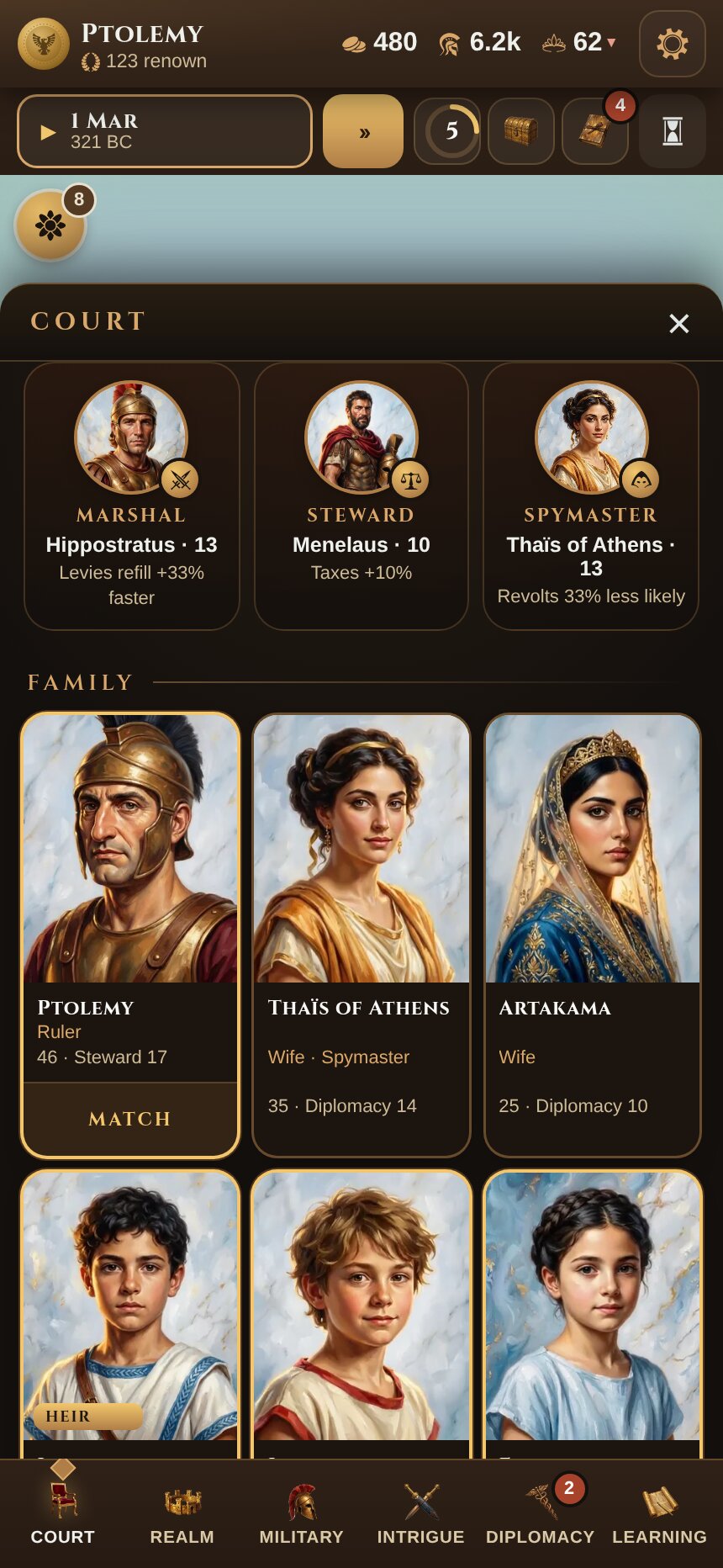 The Court: your council and your family, each with a portrait.
