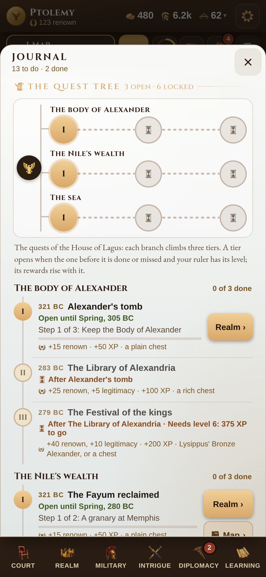 The quest tree: each branch climbs three tiers, and a locked quest says the level and experience it needs.