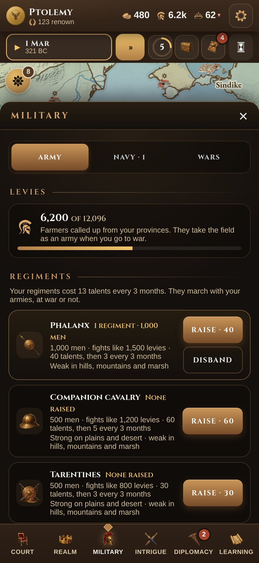 The Military panel: your people's own regiments, from the phalanx and the Companions to the Tarentine light horse, and what each costs to raise and keep.